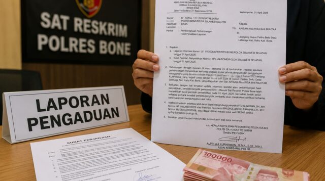 Ketgam: Ilustrasi dokumen surat perjanjian dan surat pemberitahuan perkembangan hasil penyelidikan (SP2HP) terkait dugaan penipuan dan penggelapan uang Rp30 juta yang masih ditangani Satreskrim Polres Bone. Foto: Ilustrasi/AI