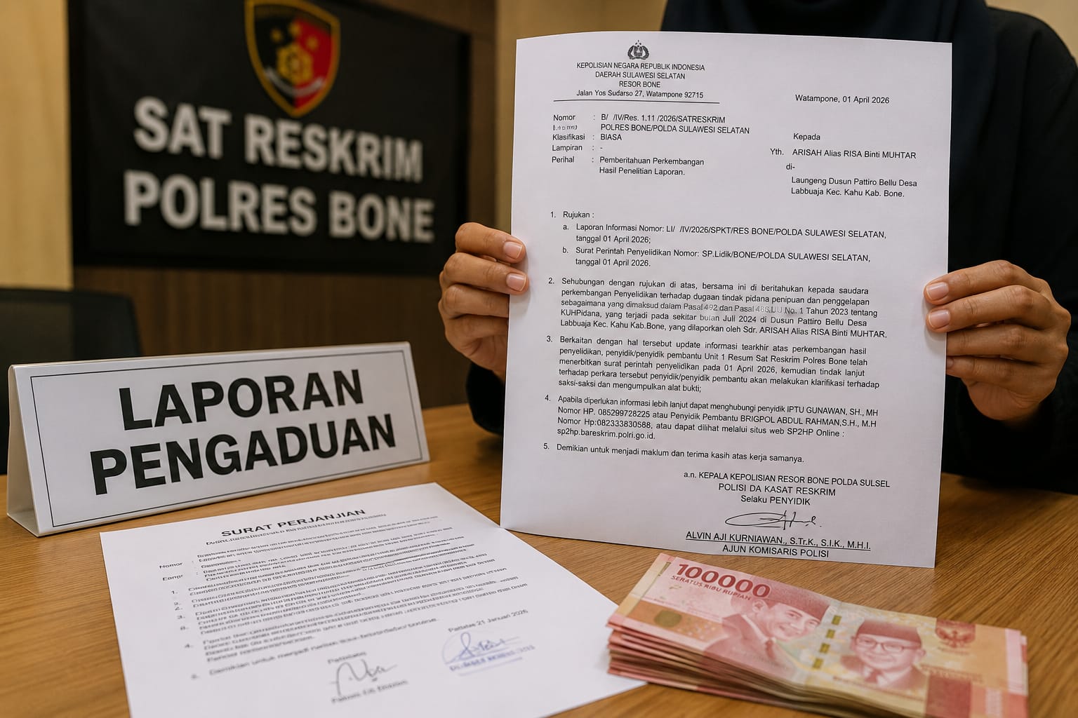 Ketgam: Ilustrasi dokumen surat perjanjian dan surat pemberitahuan perkembangan hasil penyelidikan (SP2HP) terkait dugaan penipuan dan penggelapan uang Rp30 juta yang masih ditangani Satreskrim Polres Bone. Foto: Ilustrasi/AI